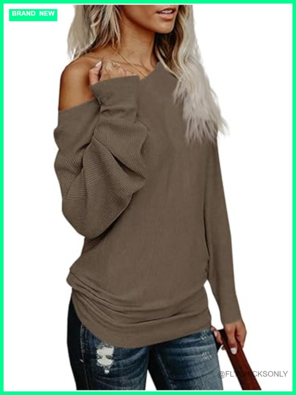 Off Shoulder Oversized Knit Sweater Batwing Long Sleeve Tunic Pullover
